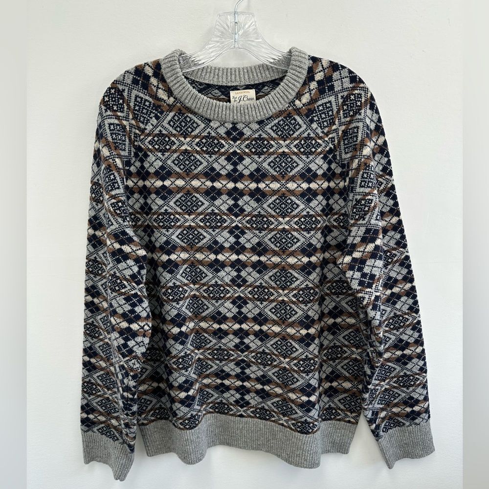 J. Crew Fair Isle Gray 100% lambswool crewneck sweater Long Sleeve Knit Size L